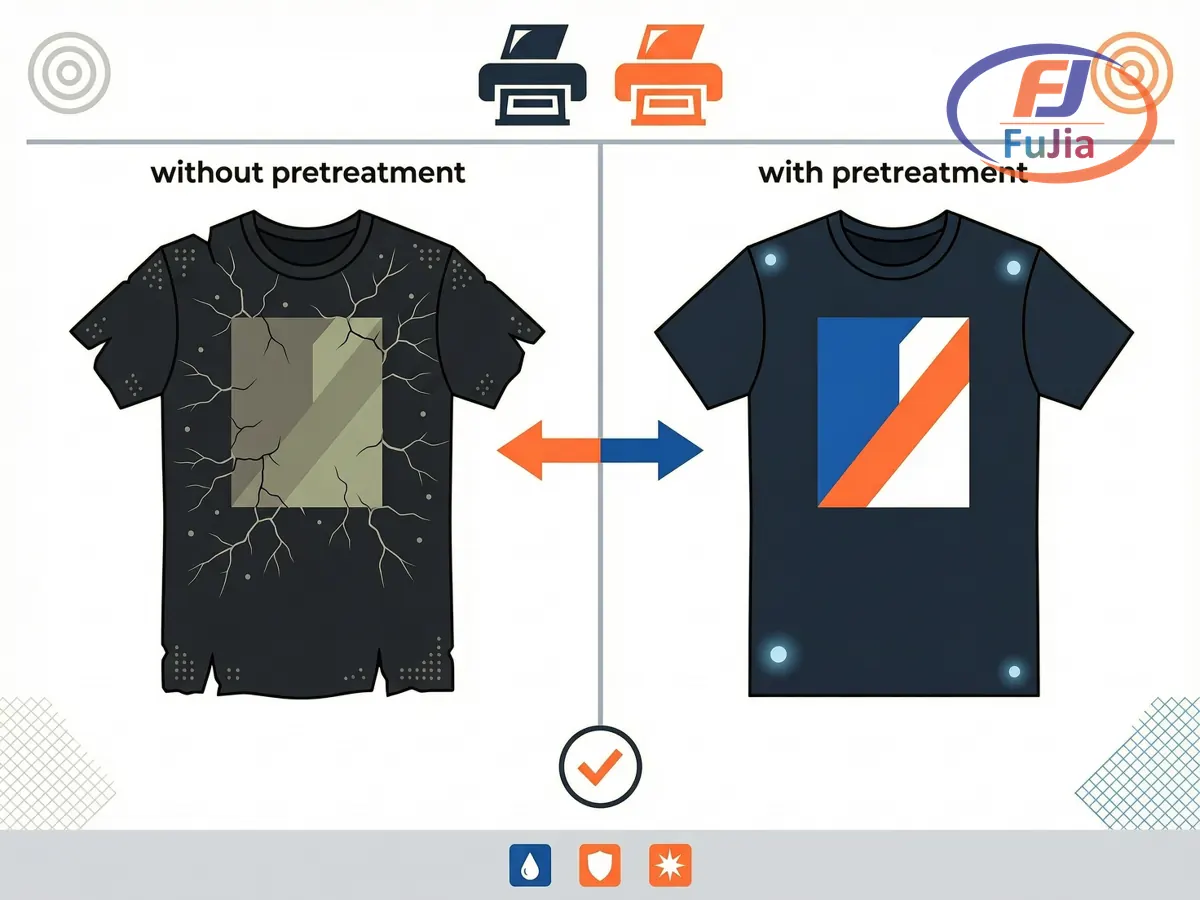 DTG pretreatment comparison infographic: dull washed-out print without vs bright durable print with pretreatment
