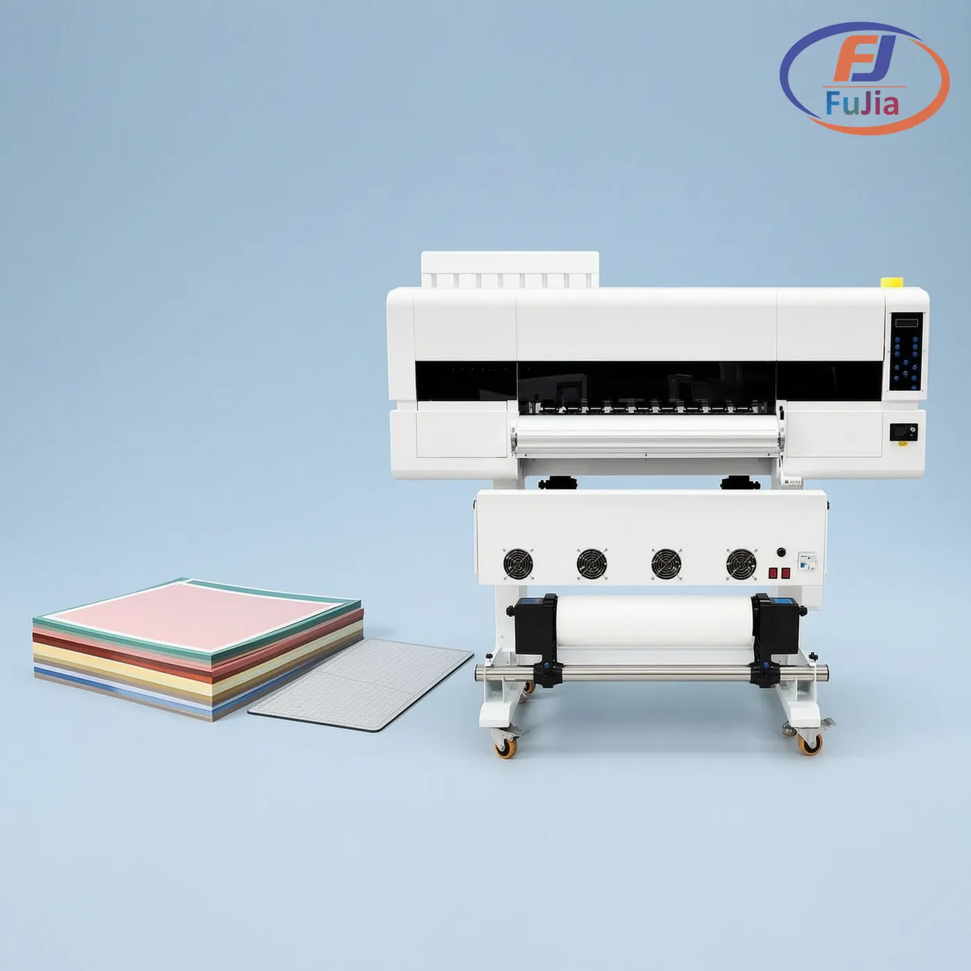Cricut Infusible Ink sheets and a dye sublimation printer setup placed side by side