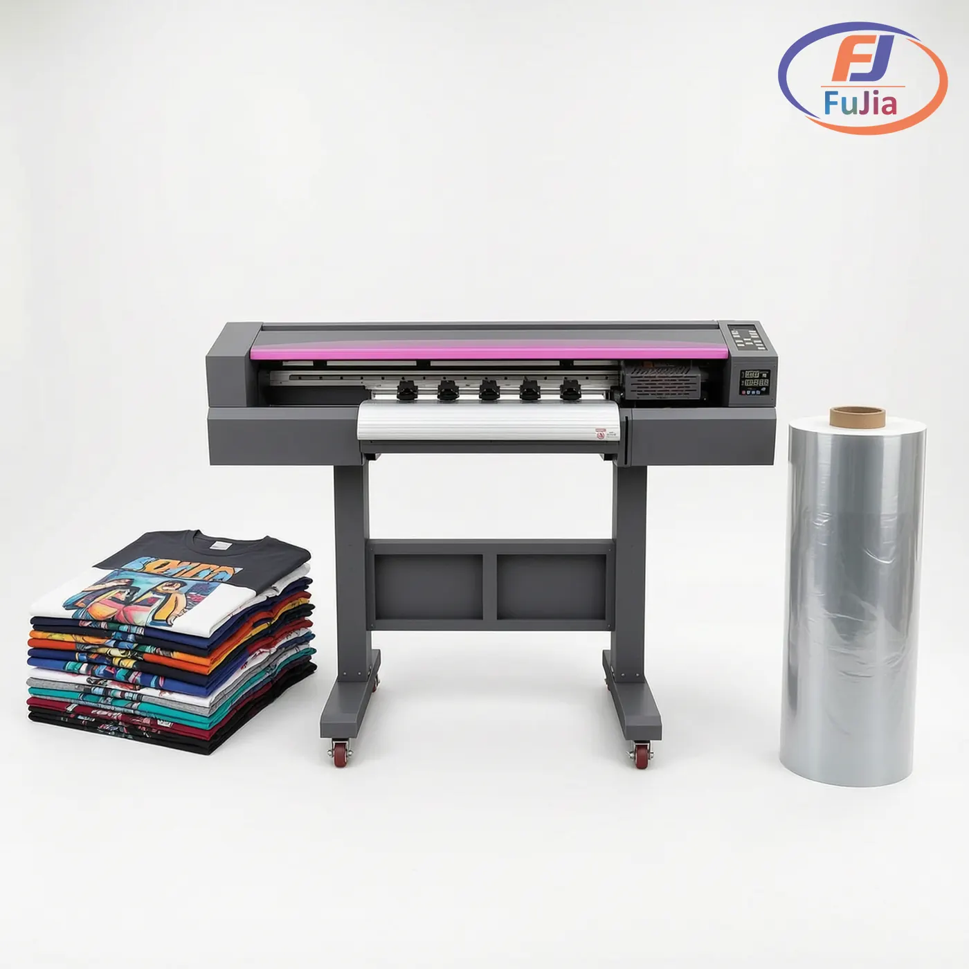 A1 DTF printer shown beside finished garment and transfer film for side-by-side comparison