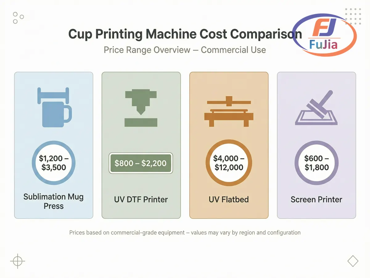 Cup printing machine cost and throughput comparison across four methods