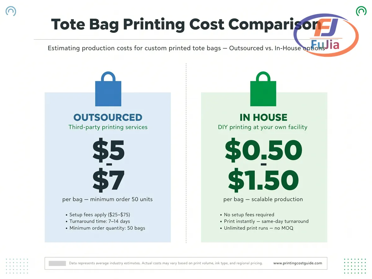 Tote bag printing cost per bag from outsourced to in house volume