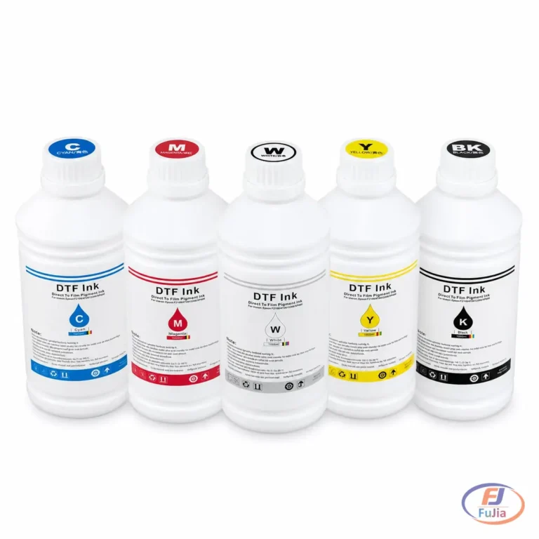 Fujia DTF ink bottles in CMYK plus white lineup