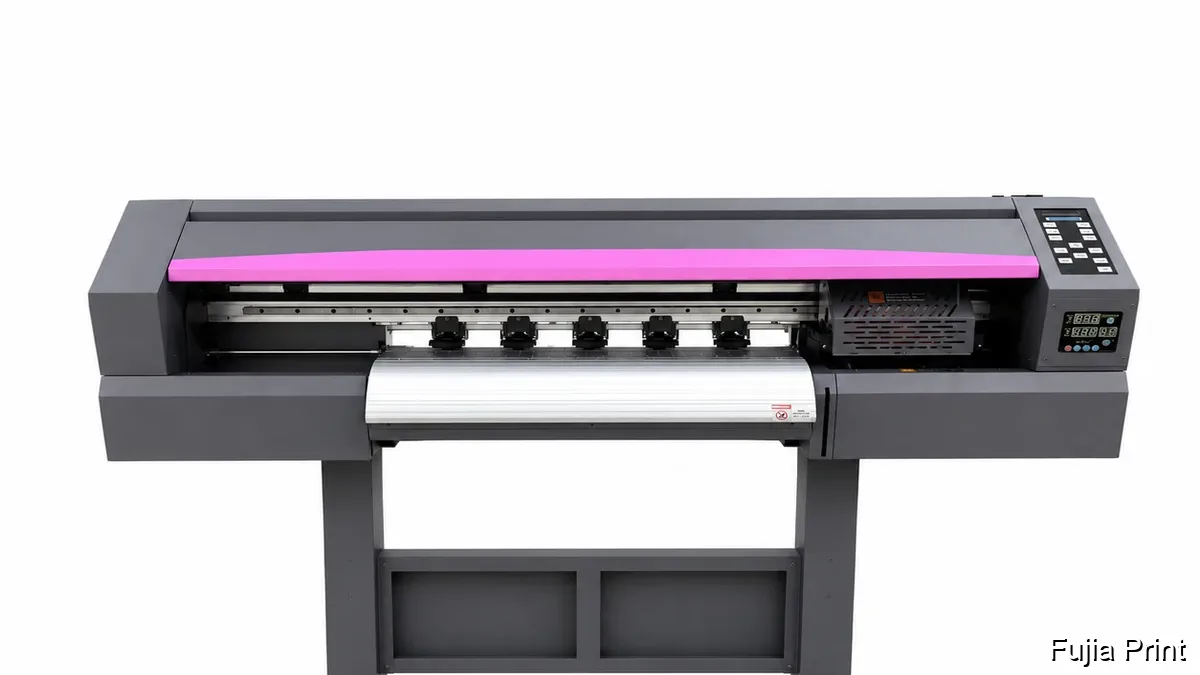 Fujia A1 four head DTF printer producing custom apparel transfers on a busy factory floor