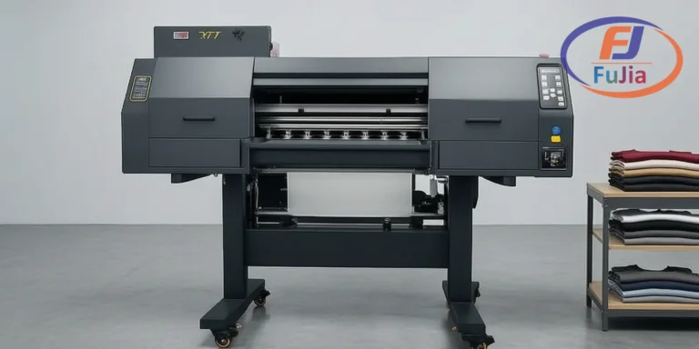 Fujia i3200 DTF printer set up for shirt production in a workshop