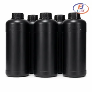 Fujia UVI-STD flexible UV ink bottles with CMYK White and Varnish on a bench