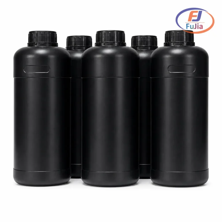 Fujia UVI-STD flexible UV ink bottles with CMYK White and Varnish on a bench