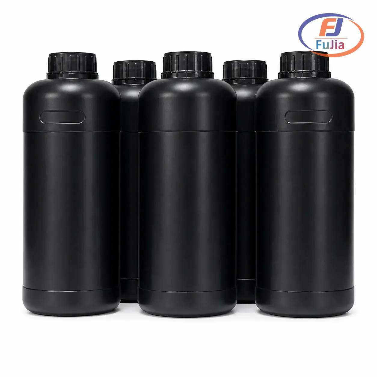 Fujia UVI-STD flexible UV ink bottles with CMYK White and Varnish on a bench