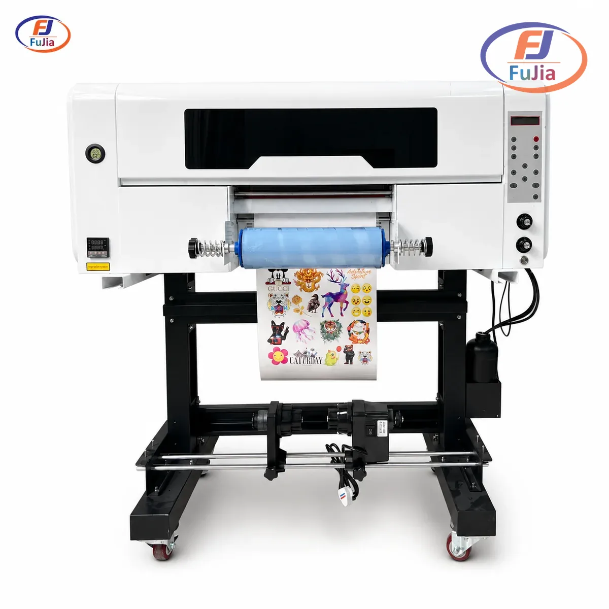 Fujia A3 UV DTF printer running print software in a workshop