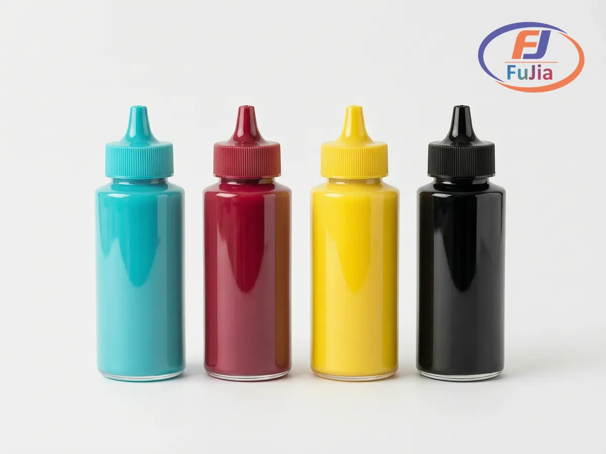 Four ink bottles labeled disperse acid reactive and pigment for textile printing