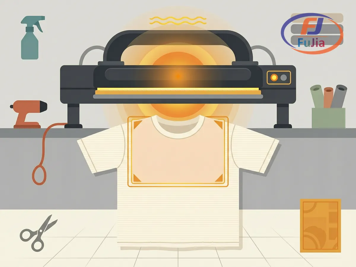Heat press applying sublimation vinyl onto a cotton shirt at set temperature