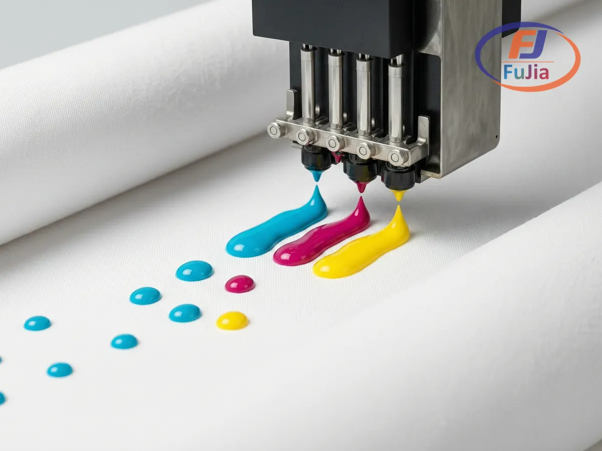 Close-up of an inkjet print head laying color onto rolled textile fabric