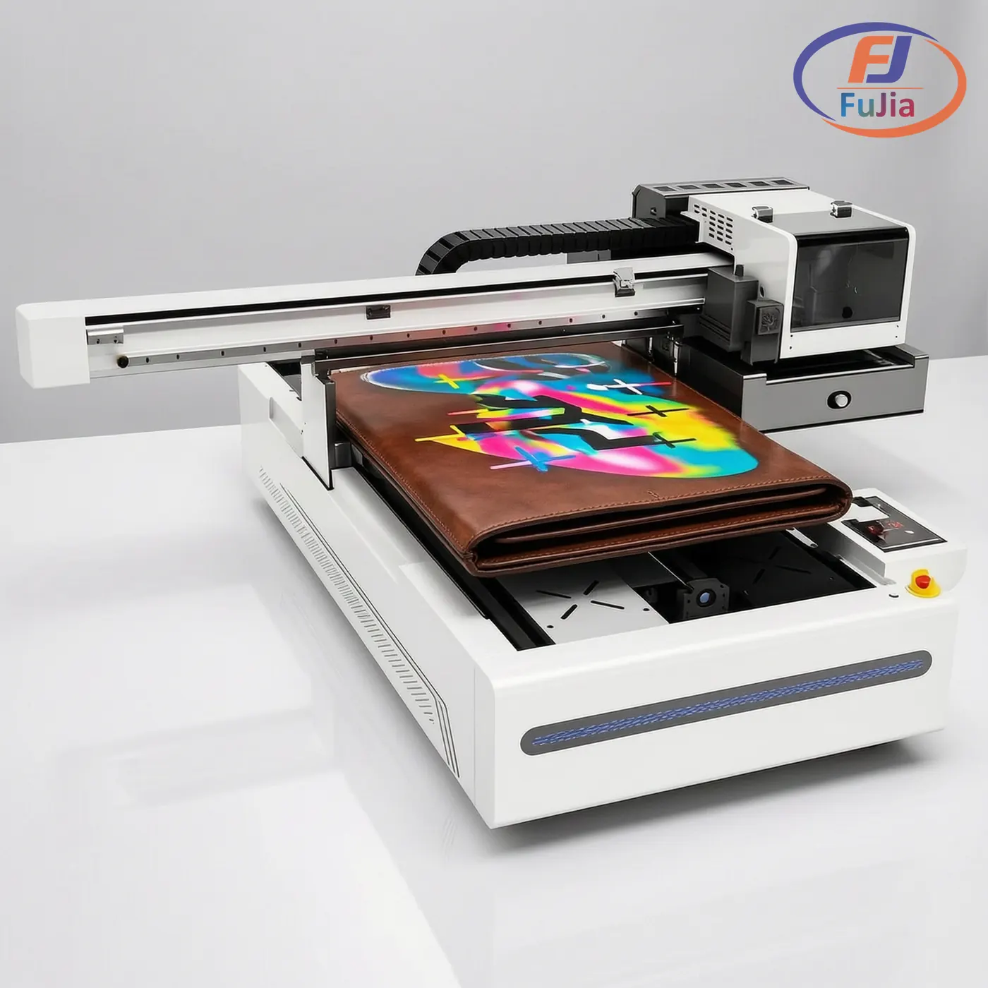 UV flatbed printing a white underbase and color layer onto a faux leather panel under UV LED light