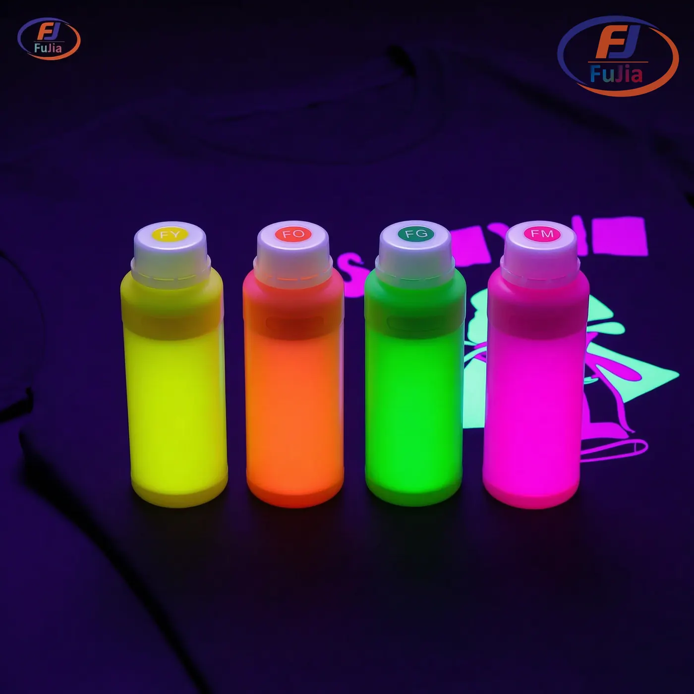 Neon DTF fluorescent ink print glowing under a blacklight on a dark t-shirt