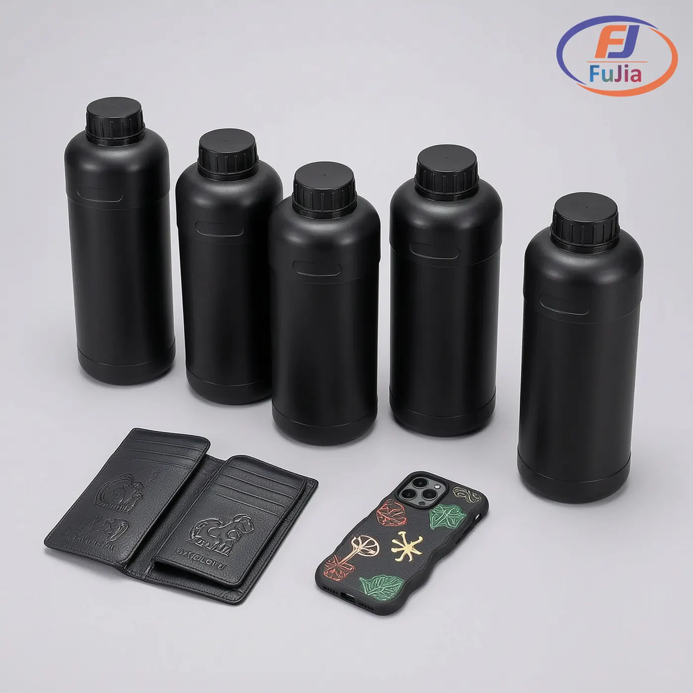 Flexible UV ink print on a leather wallet and a curved phone case, bent without cracking