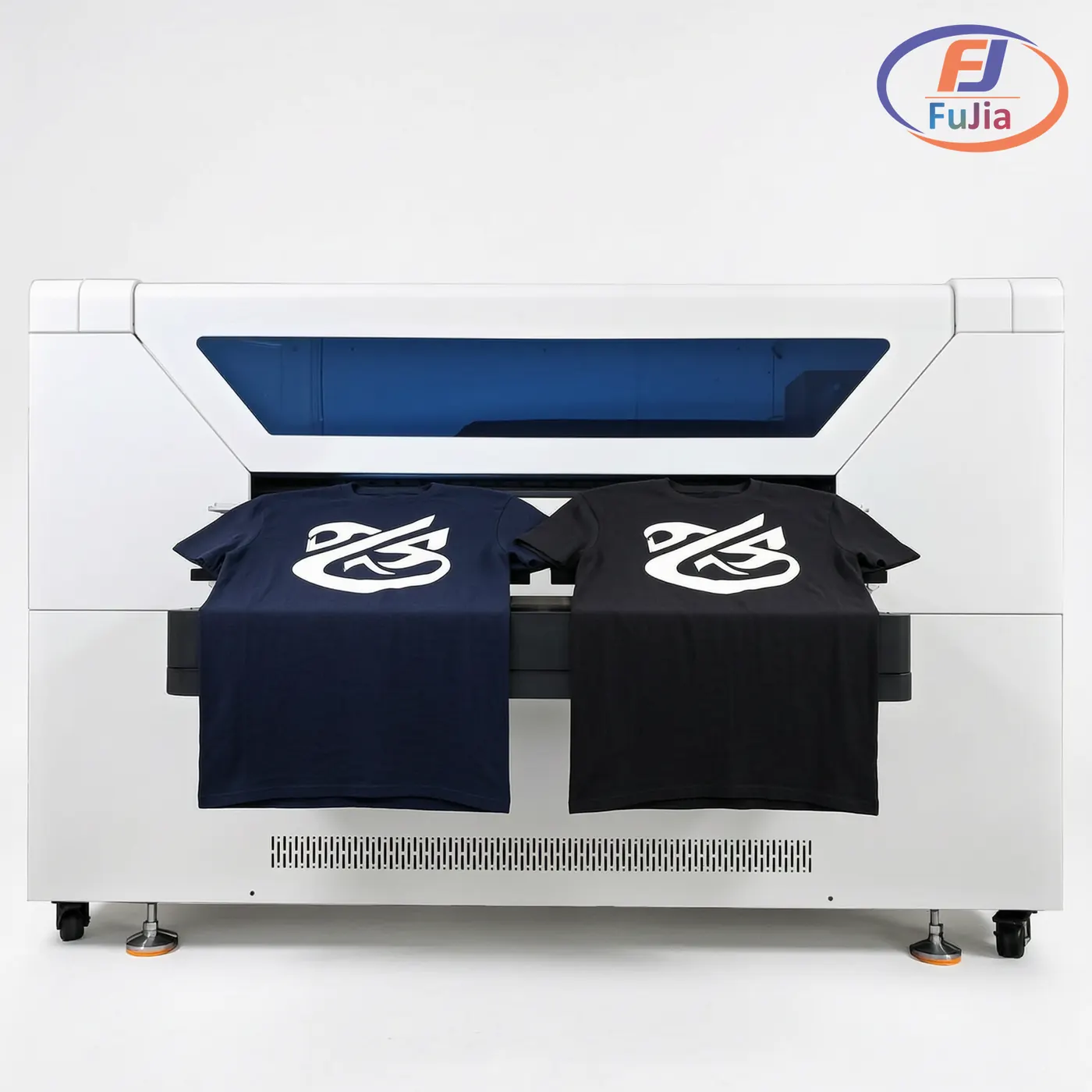 Fujia DTG-DS printer producing a bright white ink print on a dark pretreated t-shirt