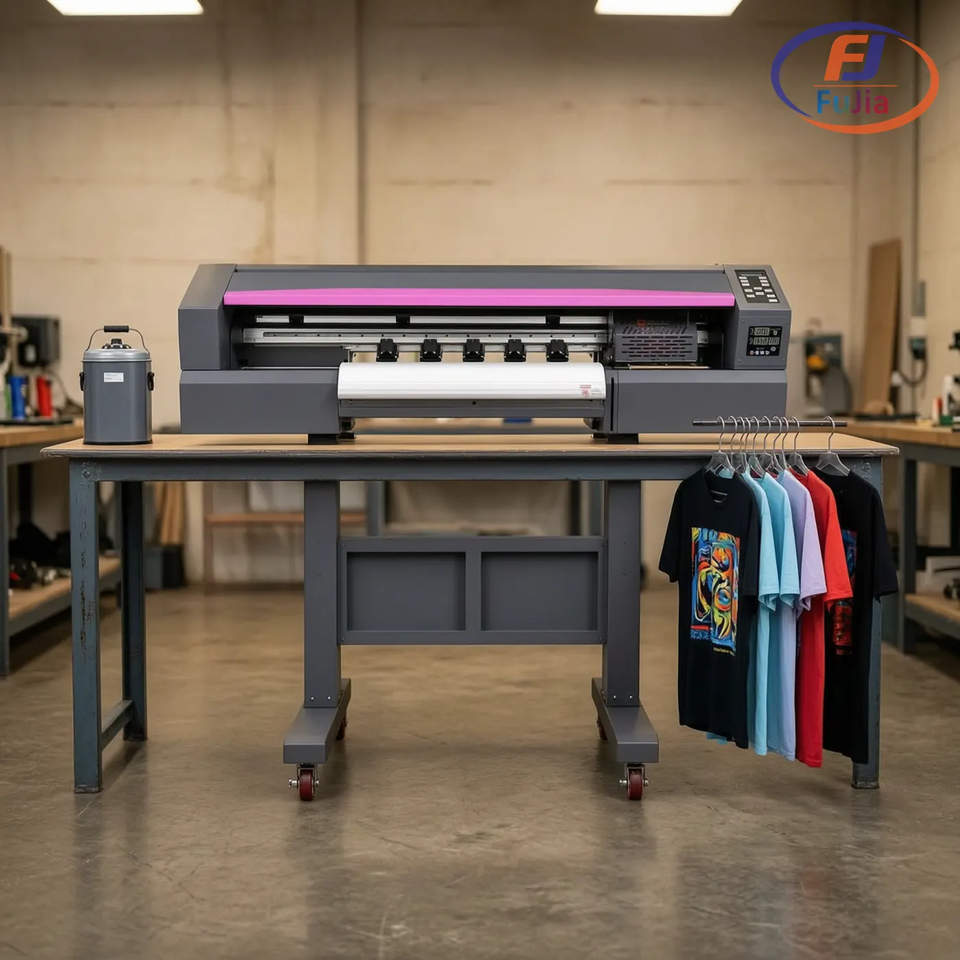 Fujia DTF printer bundle producing a finished transfer on a cotton t-shirt in a small shop