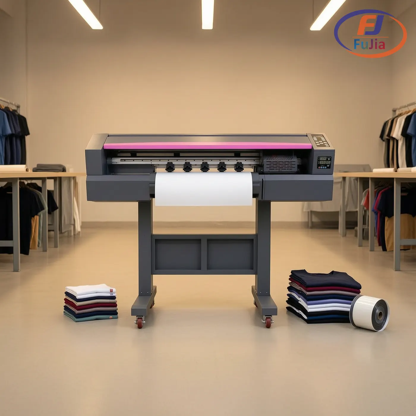 Fujia A1 DTF printer running an integrated shaker and oven line in a garment workshop