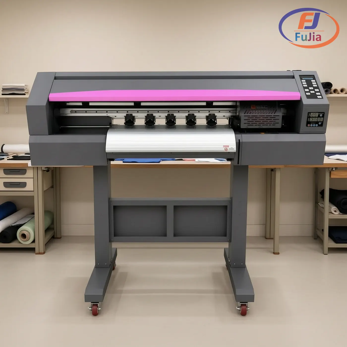 A1 DTF printer positioned in a garment printing workshop with printed shirts