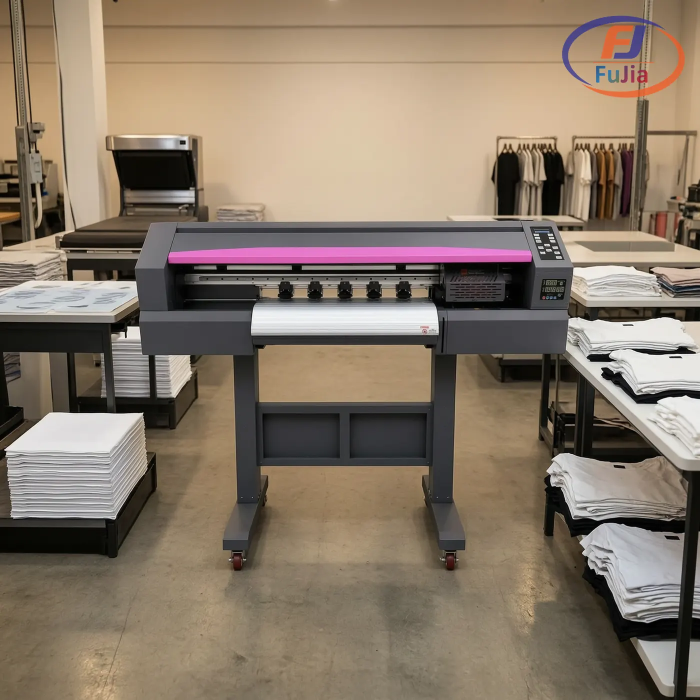 Fujia A1 DTF printer running transfers on a busy garment production floor