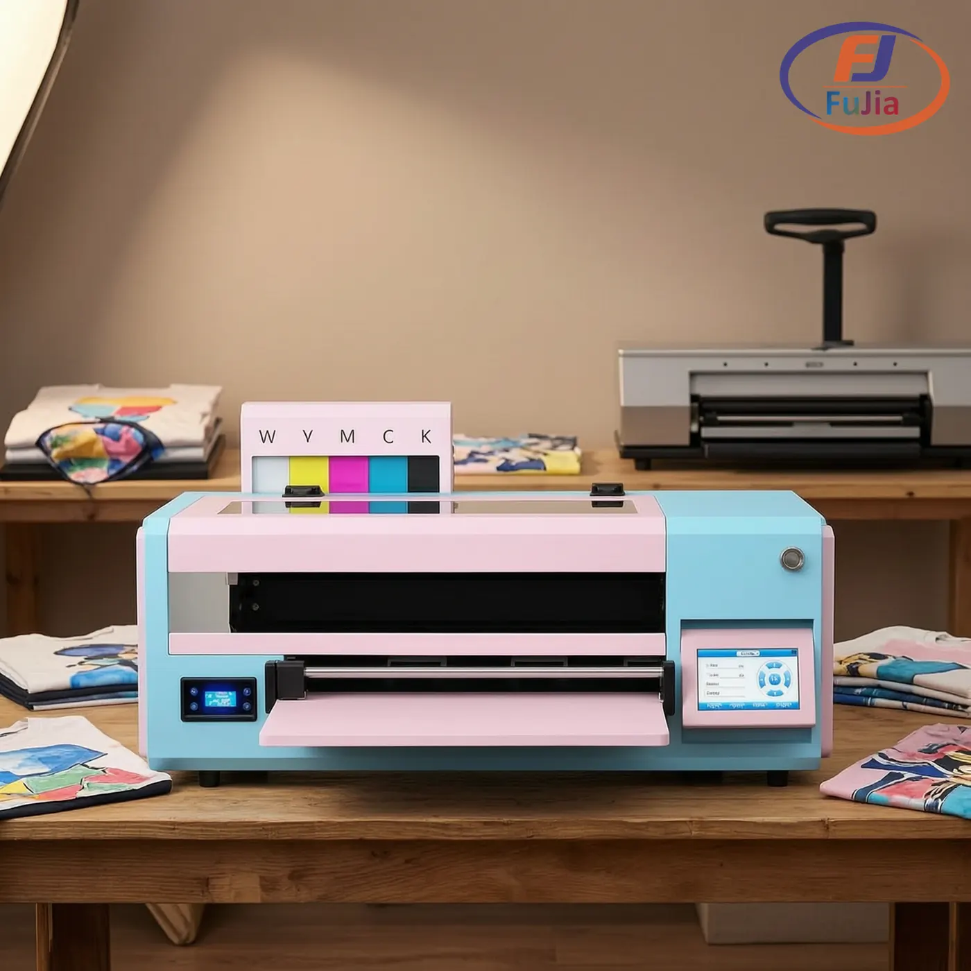 A3 desktop DTF printer set up on a home or small studio workbench