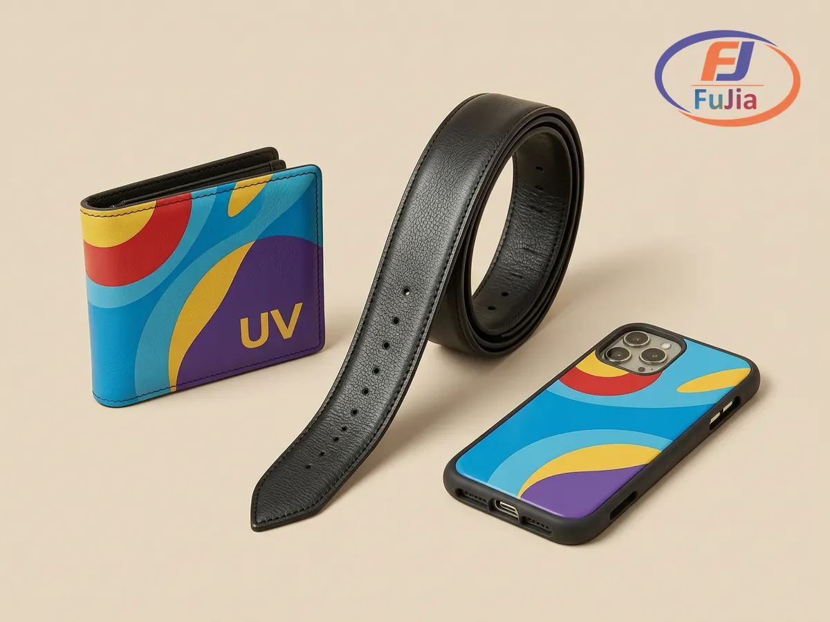 Showcase of UV printed faux leather goods: wallets, belts, and phone cases with full color art