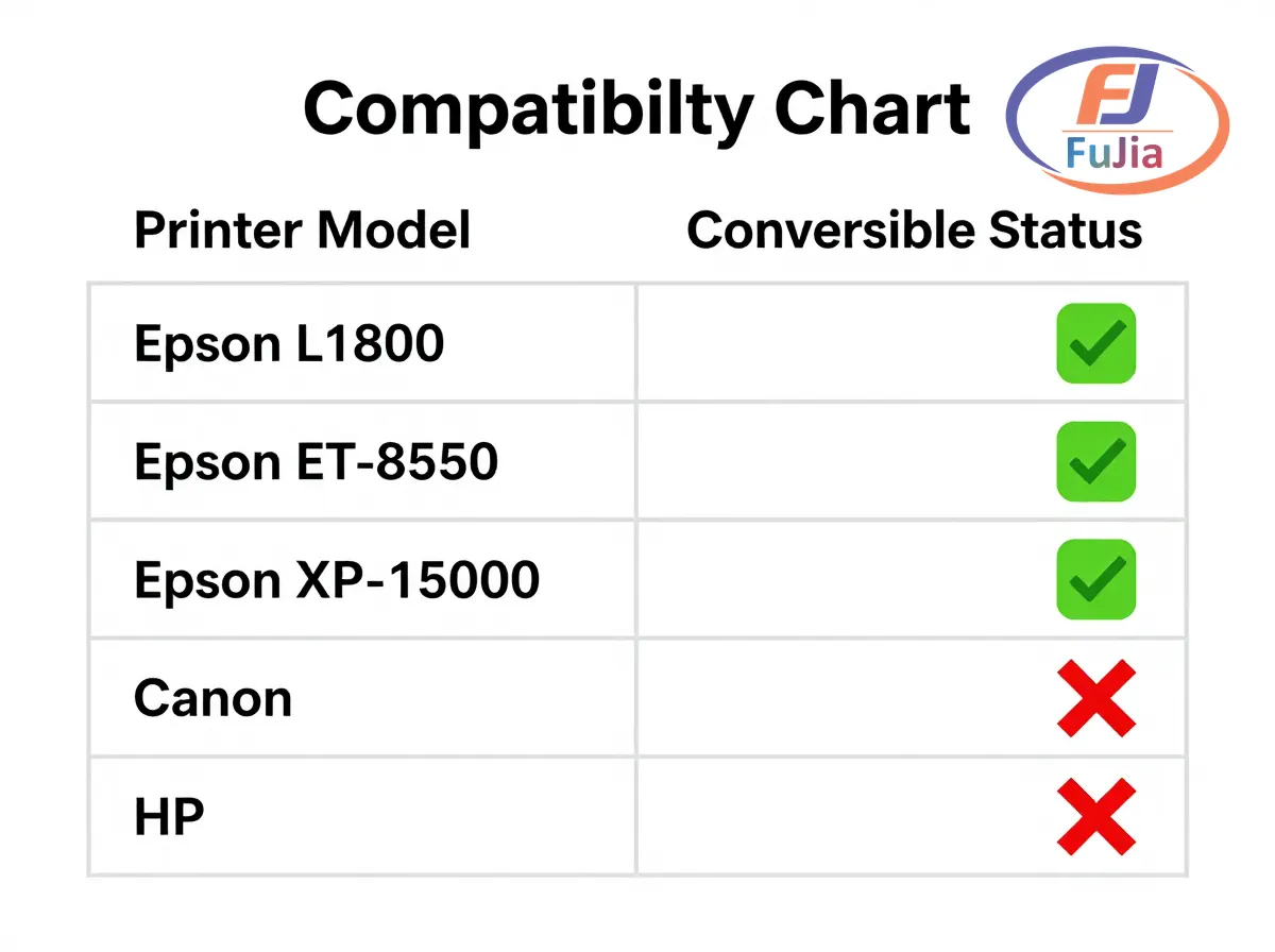 Compatibility chart showing which printer models support DTF conversion