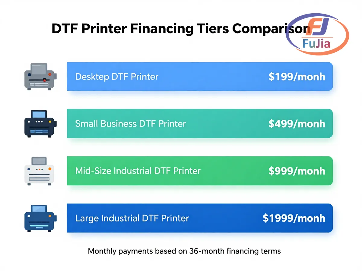 Comparison chart of DTF printer tiers with monthly payment estimates
