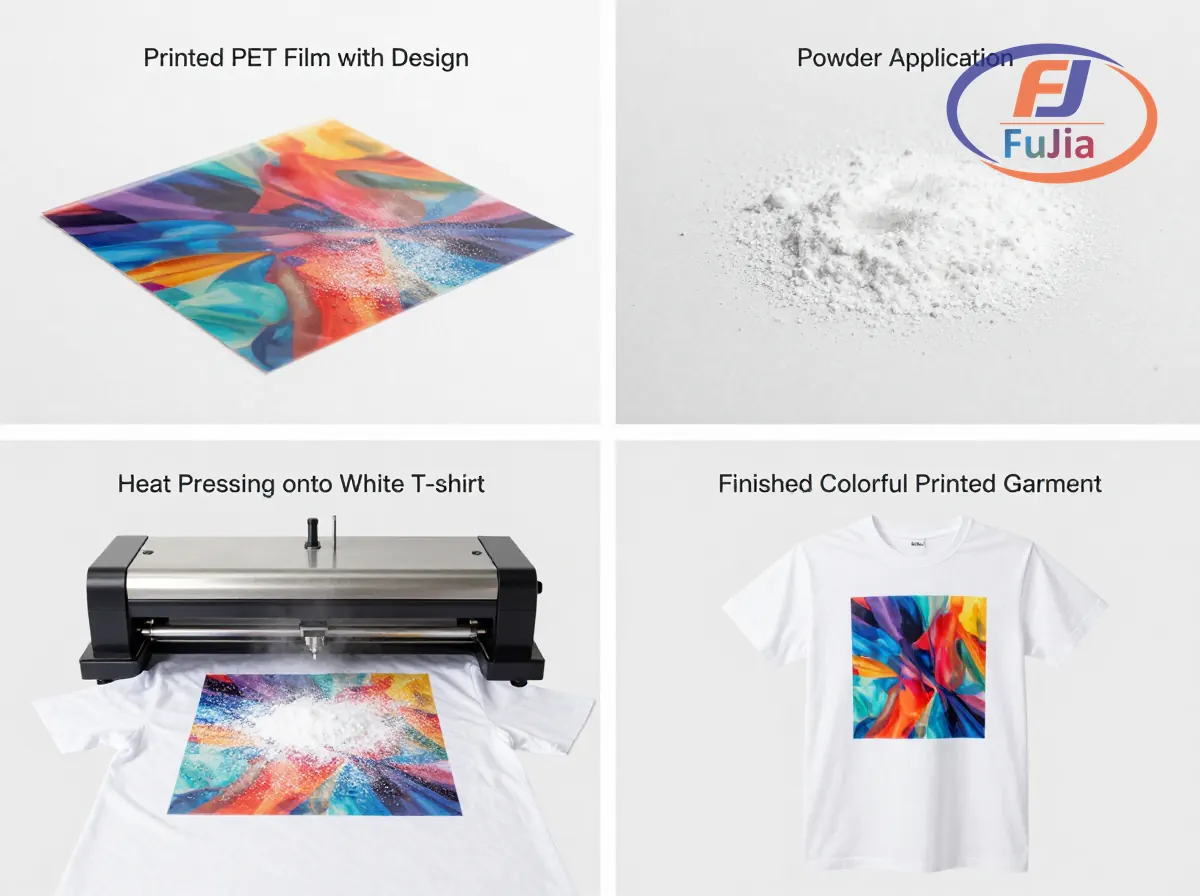 Complete DTF transfer workflow from printed film to finished t-shirt