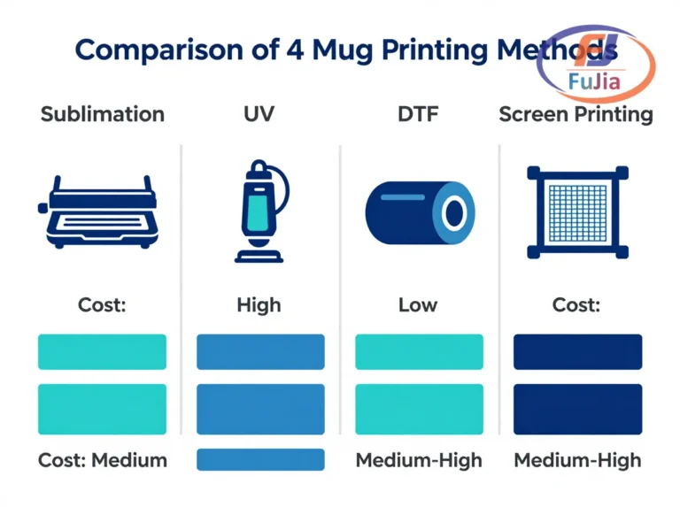 Comparison chart of sublimation, UV, DTF, and screen printing methods for mug decoration