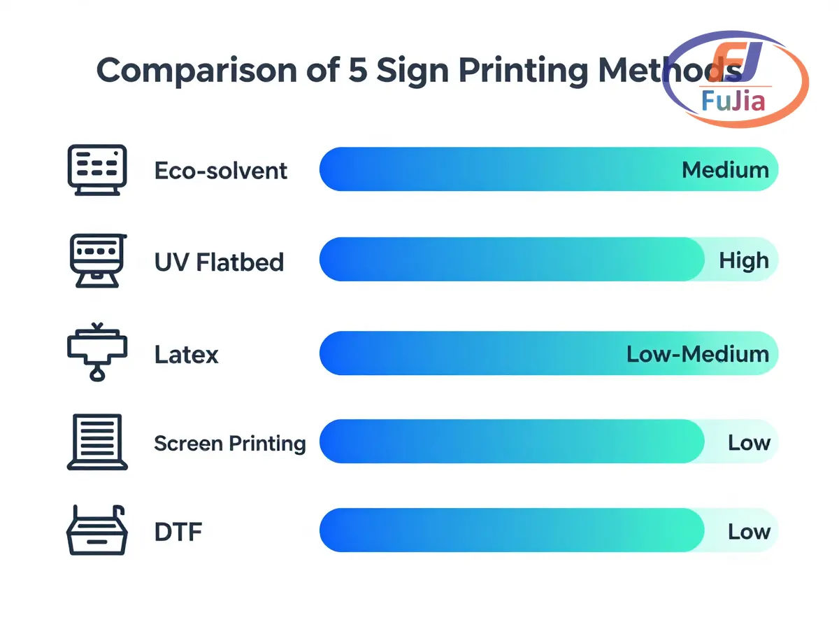 Comparison chart of eco-solvent UV flatbed latex and screen printing for sign production