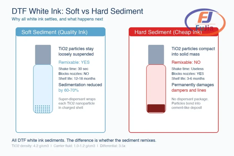 Infographic showing soft sediment vs hard sediment behavior in DTF white ink bottles