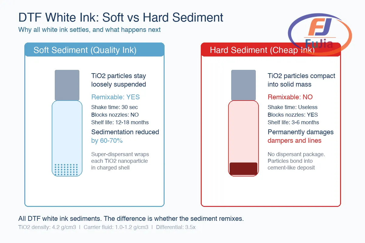Infographic showing soft sediment vs hard sediment behavior in DTF white ink bottles