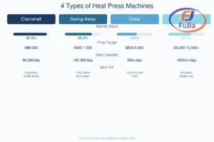Comparison of four heat press machine types with specifications and best use cases
