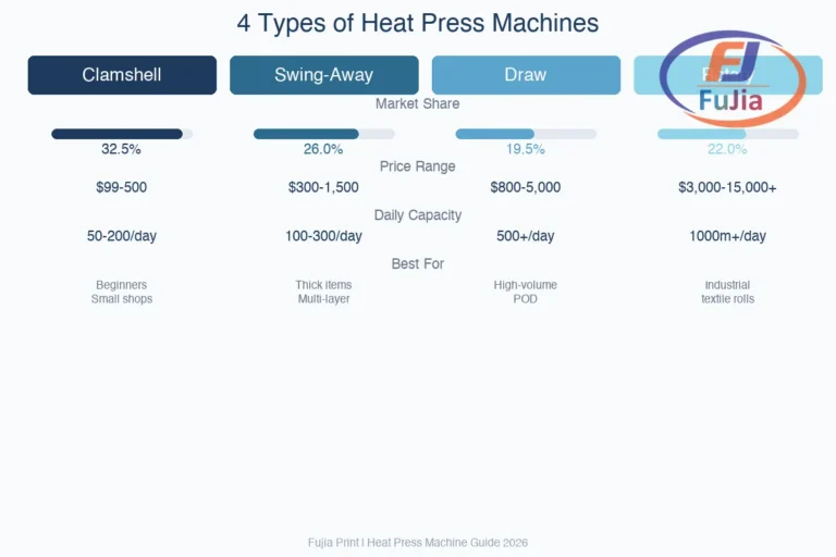 Comparison of four heat press machine types with specifications and best use cases