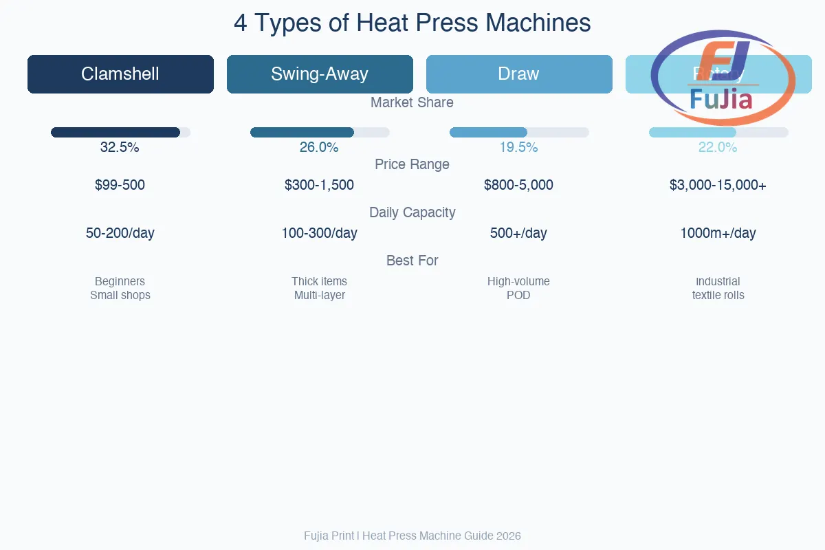 Comparison of four heat press machine types with specifications and best use cases