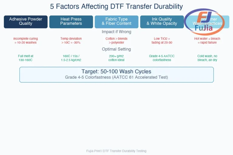 DTF transfer durability factors showing impact of temperature, pressure, and curing on wash performance