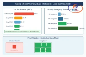 Cost comparison chart showing per-transfer savings from gang sheets vs individual orders