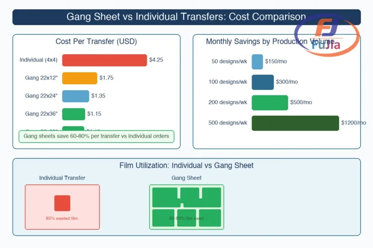 Cost comparison chart showing per-transfer savings from gang sheets vs individual orders