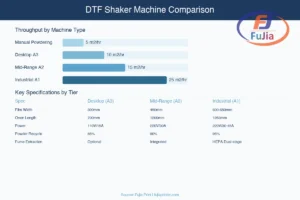 DTF shaker machine comparison showing specifications and throughput