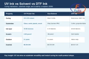 UV ink type comparison chart with pricing and substrate matching