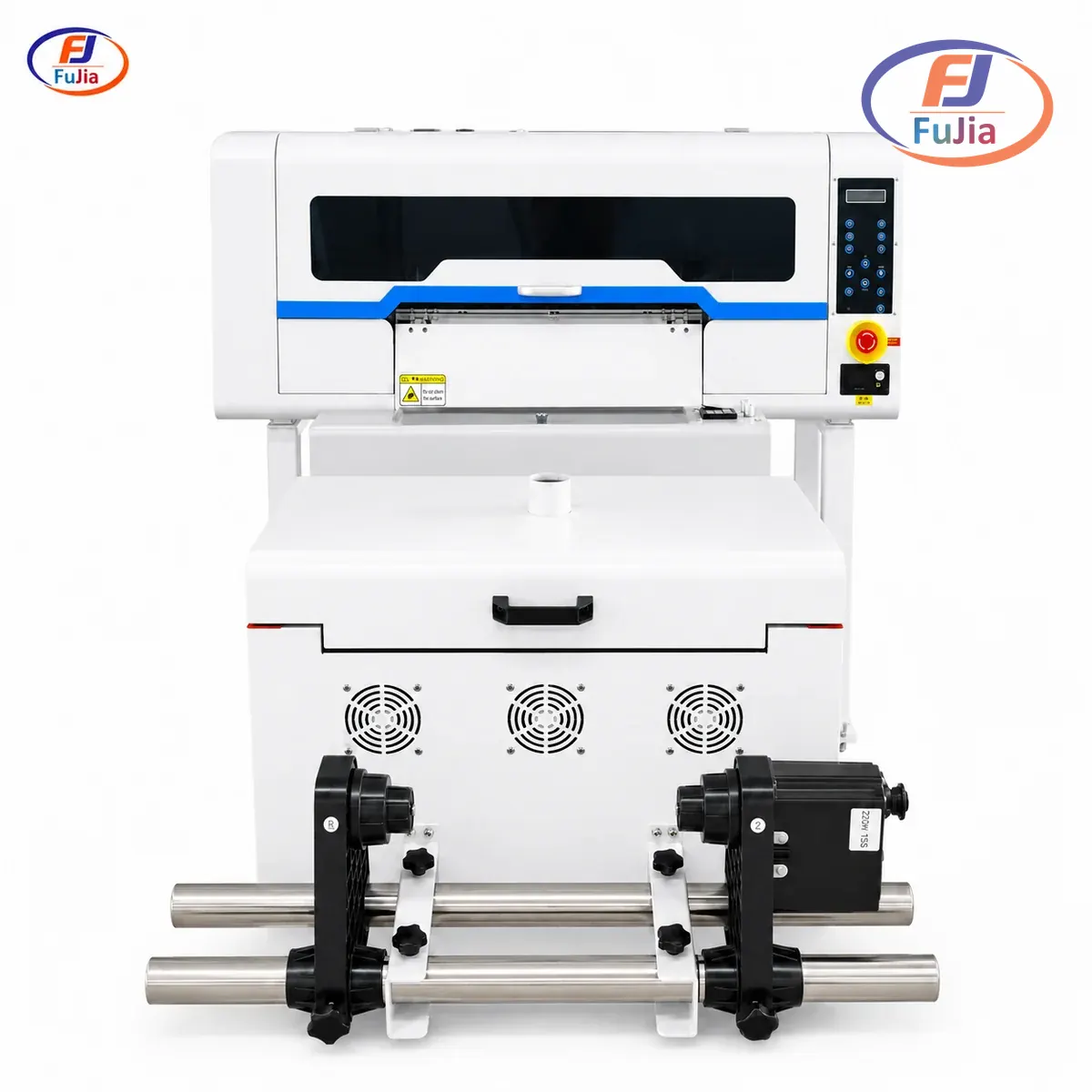 Fujia A1 dual-head DTF printer beside an HTVRONT D2 for scale comparison