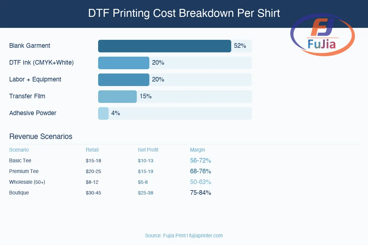 DTF printing profit margin chart showing cost breakdown and revenue scenarios
