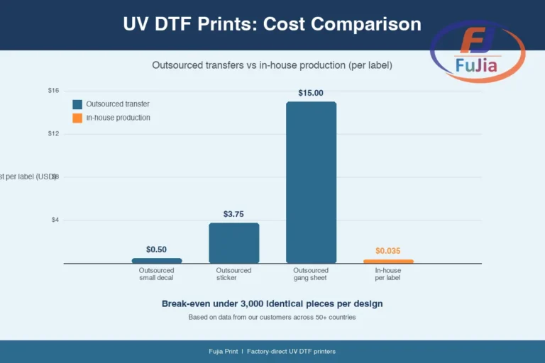 UV DTF print cost breakdown infographic showing ink, film, and equipment costs