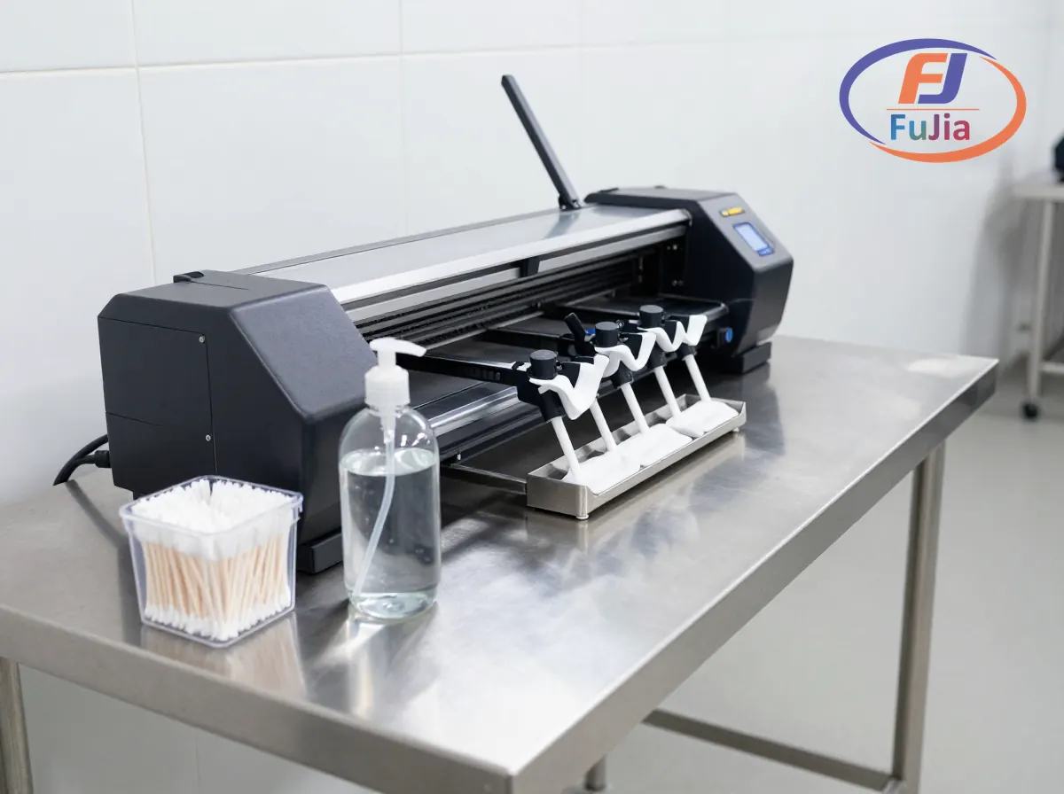 DTF printer maintenance workspace showing cleaning supplies and printhead inspection