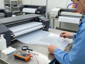 DTF printer troubleshooting workspace showing diagnostic tools and nozzle check patterns