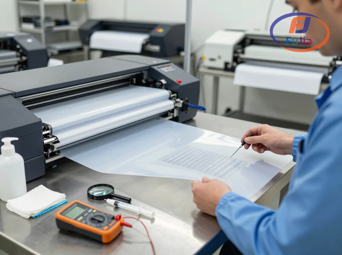 DTF printer troubleshooting workspace showing diagnostic tools and nozzle check patterns