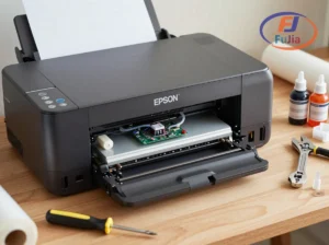 Epson printer being converted to DTF showing disassembly tools and conversion kit components