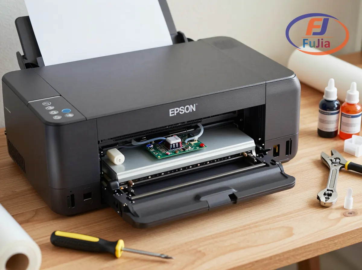 Epson printer being converted to DTF showing disassembly tools and conversion kit components