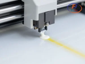 DTF printer showing white ink printing on PET film with circulation system visible