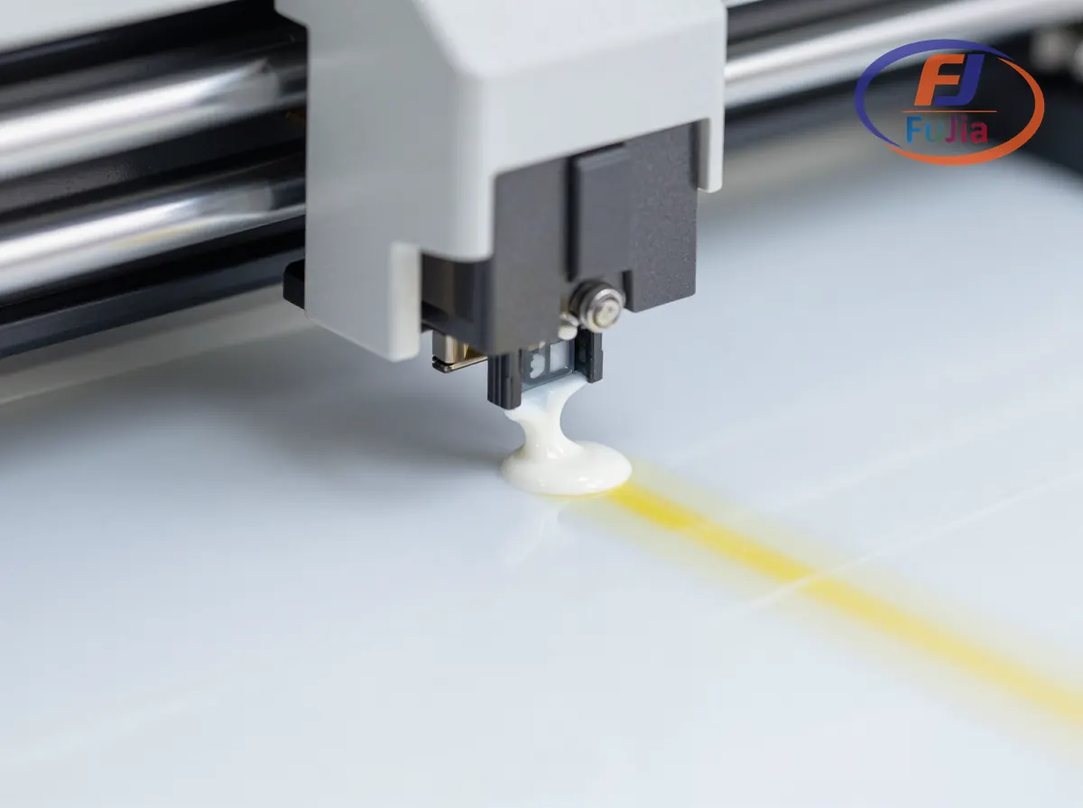 DTF printer showing white ink printing on PET film with circulation system visible